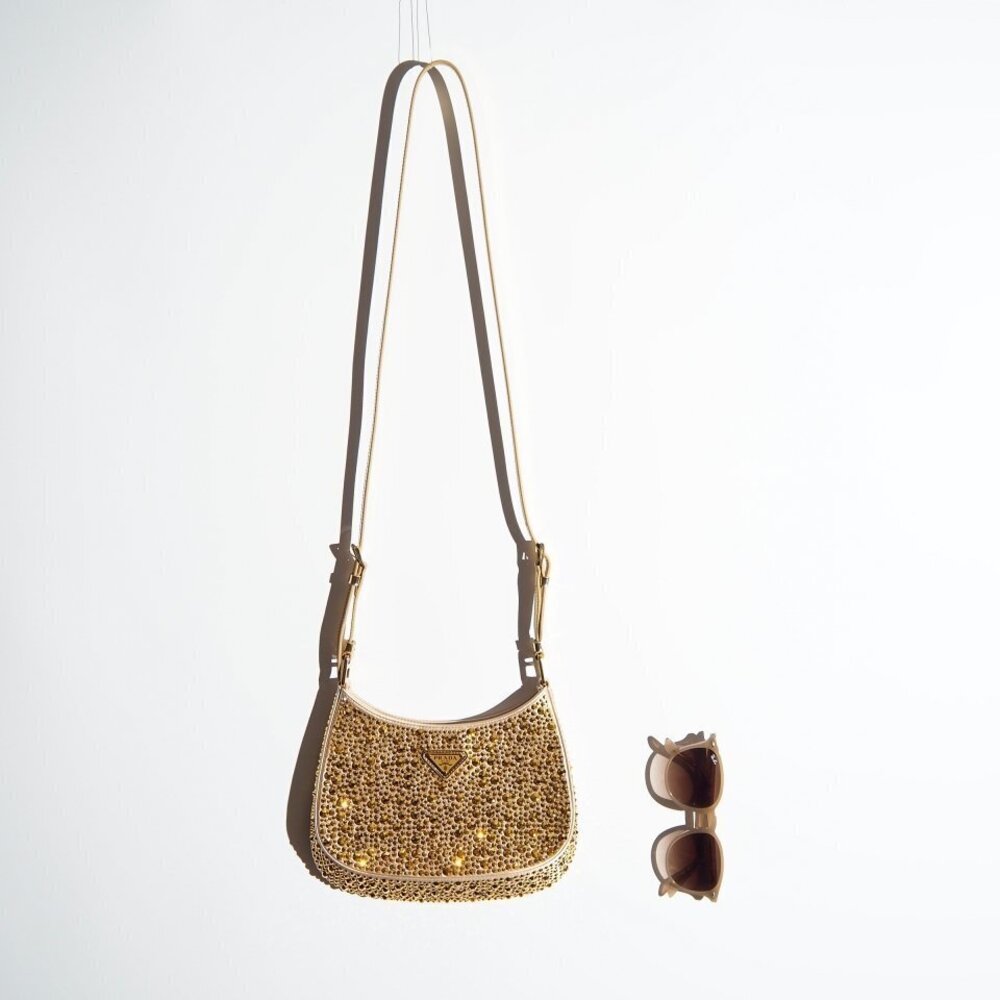 PRADA Platinum Satin Cleo Bag Crystal Gold Shoulder rb mks - Picture 6 of 7
